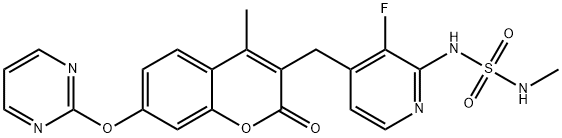 N-[3-氟-4-[[4-甲基-2-氧代-7-(2-嘧啶氧基)-2H-1-苯并吡喃-3-基]甲基]-2-吡啶]-N′-甲磺酰胺 结构式