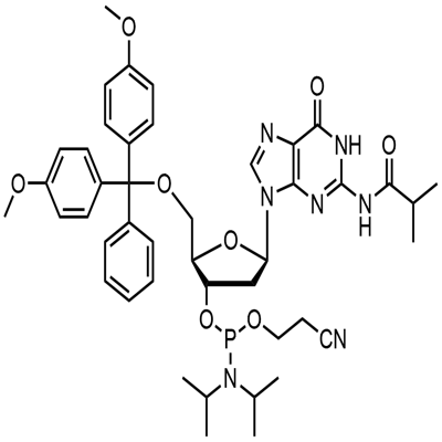 5’-O-(4,4-二甲氧基三苯甲基)-N-异丁酰基-2’-脱氧鸟苷-3’-(2-氰基乙基-N,N-二异丙基)亚磷酰胺 结构式