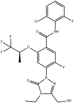 (S)-N-(2-氯-6-氟苯基)-4-(4-乙基-3-(羟甲基)-5-氧代-4,5-二氢-1H-1,2,4-三唑-1-基)-5-氟-2-((1,1,1-三氟丙-2-基)氧基)苯甲酰胺 结构式
