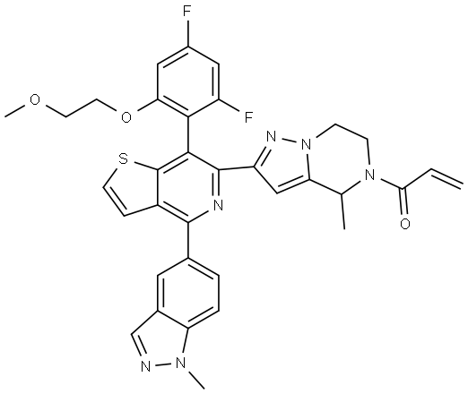 1-(2-(7-(2,4-二氟-6-(2-甲氧基乙氧基)苯基)-4-(1-甲基-1H-吲唑-5-基)噻吩并[3,2-c]吡啶-6-基)-4-甲基-6,7-二氢吡唑并[1,5-a]吡嗪-5(4H)-基)丙-2-烯-1-酮 结构式