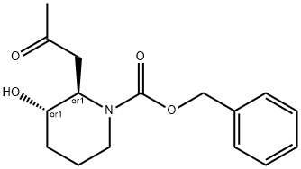反式-N-苄氧羰基3-羟基-2-(2-氧代丙基)哌啶 结构式