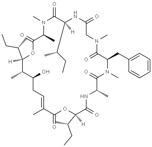 L-Alanine, N-[(2R,3S)-2-[[(2E,5S,6S,7R,8S)-5,7-dihydroxy-2,6,8-trimethyl-1-oxo-2-decen-1-yl]oxy]-3-methyl-1-oxopentyl]-L-alanyl-N-methyl-D-phenylalanyl-N-methylglycyl-L-isoleucyl-N-methyl-, (5→17)-lactone 结构式