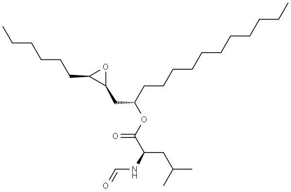 N-甲酰基-D-亮氨酸 (1S)-1-[[(2S,3R)-3-己基-2-环氧乙烷基]甲基]十二烷基酯 结构式