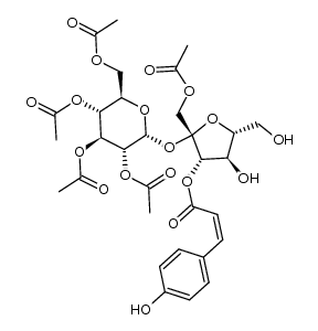 α-D-吡喃葡萄糖苷,1-O-乙酰基-3-O-[(2Z)-3-(4-羟基苯基)-1-氧代-2-丙烯-1-基]-β-D-呋喃果糖基,2,3,4,6-四乙酸酯 结构式