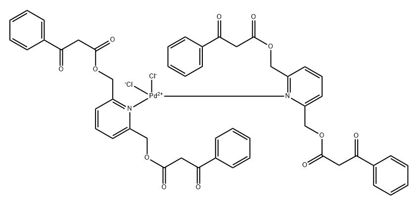 二氯双[2,6-吡啶二基双(亚甲基)双(β-氧代苯丙酸酯)-N]合钯(SP-4-1) 结构式