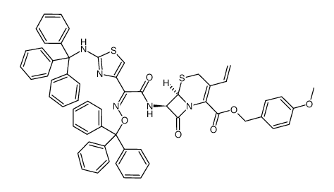(6R,7R)-3-乙烯基-8-氧代-7-[[(2Z)-[(三苯甲氧基)亚氨基][2-[(三苯甲基)氨基]-4-噻唑基]乙酰基]氨基]-5-硫杂-1-氮杂双环[4.2.0]辛-2-烯-2-羧酸(4-甲氧基苯基)甲酯 结构式