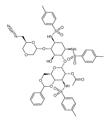 6-O-(2-O-乙酰基-4,6-O-亚苄基-3-脱氧-3-对甲苯磺酰氨基-α-D-吡喃葡萄糖基)-4-O-(6-叠氮基-3-氧杂-2,3,4,6-四脱氧-α-D-甘油基-吡喃己糖基)-2-脱氧-1,3-二-N-对甲苯磺酰链霉胺 结构式