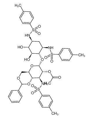 6-O-(2-O-乙酰基-4,6-O-亚苄基-3-脱氧-3-对甲苯磺酰氨基-α-D-吡喃葡萄糖基)-2-脱氧-1,3-二-N-对甲苯磺酰链霉胺 结构式