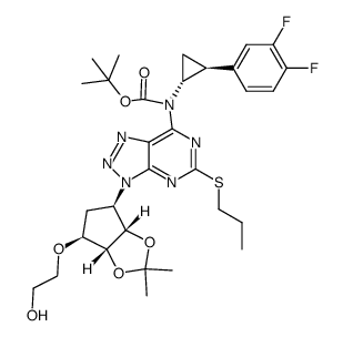Carbamic acid, N-[(1R,2S)-2-(3,4-difluorophenyl)cyclopropyl]-N-[5-(propylthio)-3-[(3aS,4R,6S,6aR)-tetrahydro-6-(2-hydroxyethoxy)-2,2-dimethyl-4H-cyclopenta-1,3-dioxol-4-yl]-3H-1,2,3-triazolo[4,5-d]pyrimidin-7-yl]-, 1,1-dimethylethyl ester 结构式