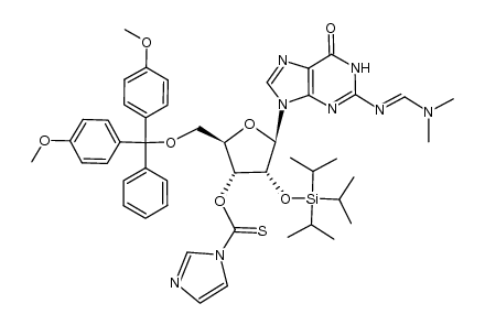 O-((2R,3R,4R,5R)-2-((双(4-甲氧基苯基)(苯基)甲氧基)甲基)-5-(2-((E)-((二甲氨基)亚甲基)氨基)-6-氧代-1H-嘌呤-9(6H)-基)-4-((三异丙基硅基)氧基)四氢呋喃-3-基) 1H-咪唑-1-硫代甲酸酯 结构式