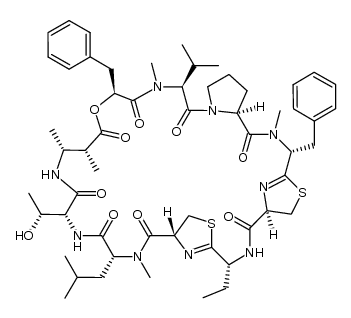 Cyclo[D-allothreonyl-(2R,3R)-3-amino-2-methylbutanoyl-(αS)-α-hydroxybenzenepropanoyl-N-methyl-L-valyl-L-prolyl-(4R)-4,5-dihydro-2-[(1R)-1-(methylamino)-2-phenylethyl]-4-thiazolecarbonyl-(4R)-2-[(1R)-1-aminopropyl]-4,5-dihydro-4-thiazolecarbonyl-N-methyl-D-leucyl] 结构式