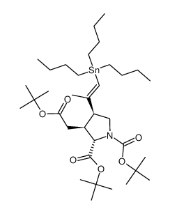 1,2-Pyrrolidinedicarboxylic acid, 3-[2-(1,1-dimethylethoxy)-2-oxoethyl]-4-[(1E)-1-methyl-2-(tributylstannyl)ethenyl]-, 1,2-bis(1,1-dimethylethyl) ester, (2S,3S,4S)- 结构式