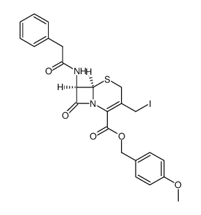 5-Thia-1-azabicyclo[4.2.0]oct-2-ene-2-carboxylic acid, 3-(iodomethyl)-8-oxo-7-[(2-phenylacetyl)amino]-, (4-methoxyphenyl)methyl ester, (6R,7R)- 结构式