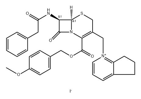 5H-Cyclopenta[b]pyridinium, 6,7-dihydro-1-[[(6R,7R)-2-[[(4-methoxyphenyl)methoxy]carbonyl]-8-oxo-7-[(2-phenylacetyl)amino]-5-thia-1-azabicyclo[4.2.0]oct-2-en-3-yl]methyl]-, iodide (1:1) 结构式