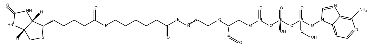 Hexanoic acid, 6-[[5-[(3aS,4S,6aR)-hexahydro-2-oxo-1H-thieno[3,4-d]imidazol-4-yl]-1-oxopentyl]amino]-, 2-[[(R)-(6-amino-9H-purin-9-yl)[(1R)-1-formyl-2-[[hydroxy[[hydroxy(phosphonooxy)phosphinyl]oxy]phosphinyl]oxy]ethoxy]methyl]methylene]hydrazide 结构式