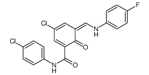 5-氯-N-(4-氯苯基)-3-[[(4-氟苯基)亚氨基]甲基]-2-羟基苯甲酰胺 结构式