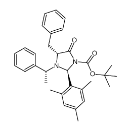 1-Imidazolidinecarboxylic acid, 5-oxo-3-[(1R)-1-phenylethyl]-4-(phenylmethyl)-2-(2,4,6-trimethylphenyl)-, 1,1-dimethylethyl ester, (2S,4R)- 结构式