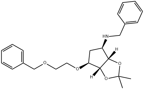 4H-Cyclopenta-1,3-dioxol-4-amine, tetrahydro-2,2-dimethyl-6-[2-(phenylmethoxy)ethoxy]-N-(phenylmethyl)-, (3aS,4R,6S,6aR)- 结构式