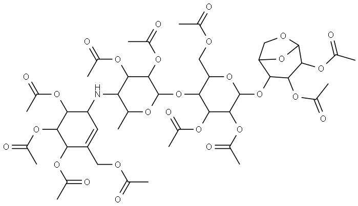 β-D-Glucopyranose, O-2,3-di-O-acetyl-4,6-dideoxy-4-[[4,5,6-tris(acetyloxy)-3-[(acetyloxy)methyl]-2-cyclohexen-1-yl]amino]-α-D-glucopyranosyl-(1→4)-O-2,3,6-tri-O-acetyl-α-D-glucopyranosyl-(1→4)-1,6-anhydro-, 2,3-diacetate, [1S-(1α,4α,5β,6α)]- (9CI) 结构式
