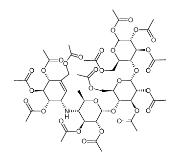 D-Glucopyranose, O-2,3-di-O-acetyl-4,6-dideoxy-4-[[4,5,6-tris(acetyloxy)-3-[(acetyloxy)methyl]-2-cyclohexen-1-yl]amino]-α-D-glucopyranosyl-(1→4)-O-2,3,6-tri-O-acetyl-α-D-glucopyranosyl-(1→4)-, 1,2,3,6-tetraacetate, [1S-(1α,4α,5β,6α)]- (9CI) 结构式