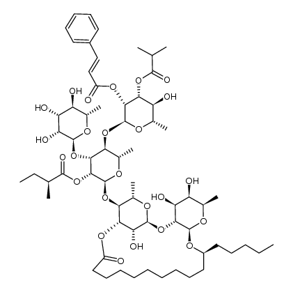 Hexadecanoic acid, 11-[[O-6-deoxy-α-L-mannopyranosyl-(1→3)-O-[6-deoxy-3-O-(2-methyl-1-oxopropyl)-2-O-[(2E)-1-oxo-3-phenyl-2-propen-1-yl]-α-L-mannopyranosyl-(1→4)]-O-6-deoxy-2-O-[(2S)-2-methyl-1-oxobutyl]-α-L-mannopyranosyl-(1→4)-O-6-deoxy-α-L-mannopyranosyl-(1→2)-6-deoxy-β-D-galactopyranosyl]oxy]-, intramol. 1,3′′-ester, (11S)- 结构式
