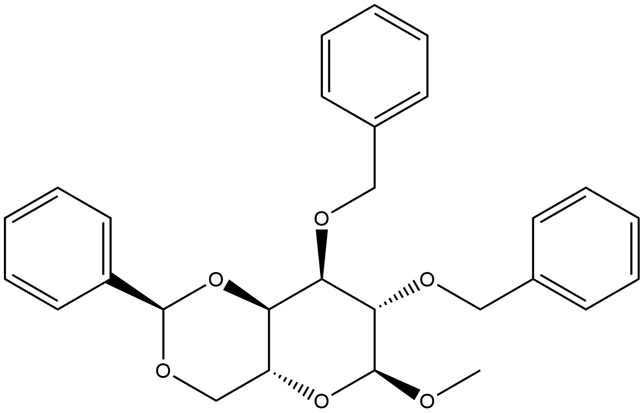 甲基2,3-二-O-苄基-4,6-O-(R)-苯亚甲基-α-D-吡喃阿卓糖苷 结构式