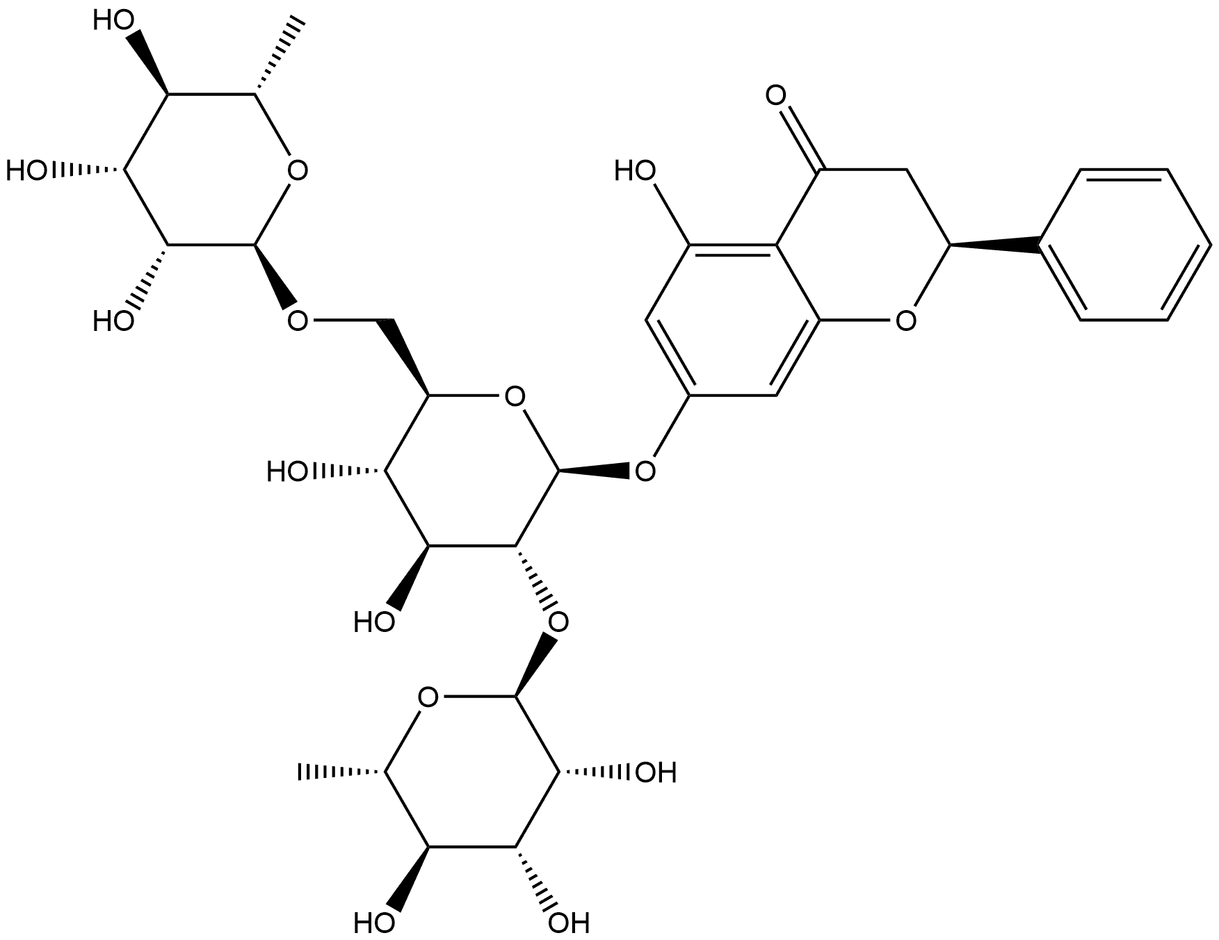 4H-1-Benzopyran-4-one, 7-[(O-6-deoxy-α-L-mannopyranosyl-(1→2)-O-[6-deoxy-α-L-mannopyranosyl-(1→6)]-β-D-glucopyranosyl)oxy]-2,3-dihydro-5-hydroxy-2-phenyl-, (2S)- 结构式