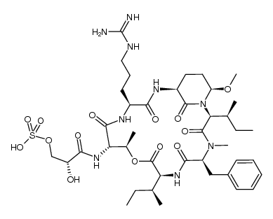 L-Isoleucine, N-[(2R)-2-hydroxy-1-oxo-3-(sulfooxy)propyl]-L-threonyl-L-arginyl-(αS,3S,6R)-3-amino-6-methoxy-α-[(1S)-1-methylpropyl]-2-oxo-1-piperidineacetyl-N-methyl-L-phenylalanyl-, (5→13)-lactone 结构式