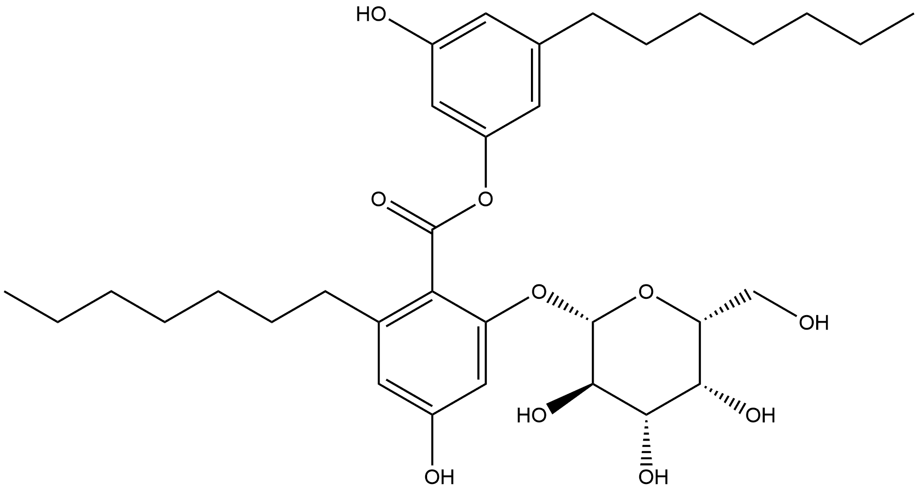 2-(β-D-吡喃半乳糖氧基)-6-庚基-4-羟基苯甲酸 3-庚基-5-羟基苯基酯 结构式