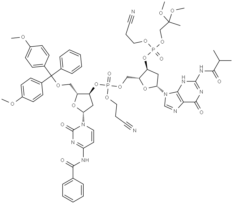 3'-Guanylic acid, N-benzoyl-5'-O-[bis(4-methoxyphenyl)phenylmethyl]-P-(2-cyanoethyl)-2'-deoxycytidylyl-(3'→5')-2'-deoxy-N-(2-methyl-1-oxopropyl)-, 2-cyanoethyl 2,2-dimethoxypropyl ester (9CI) 结构式