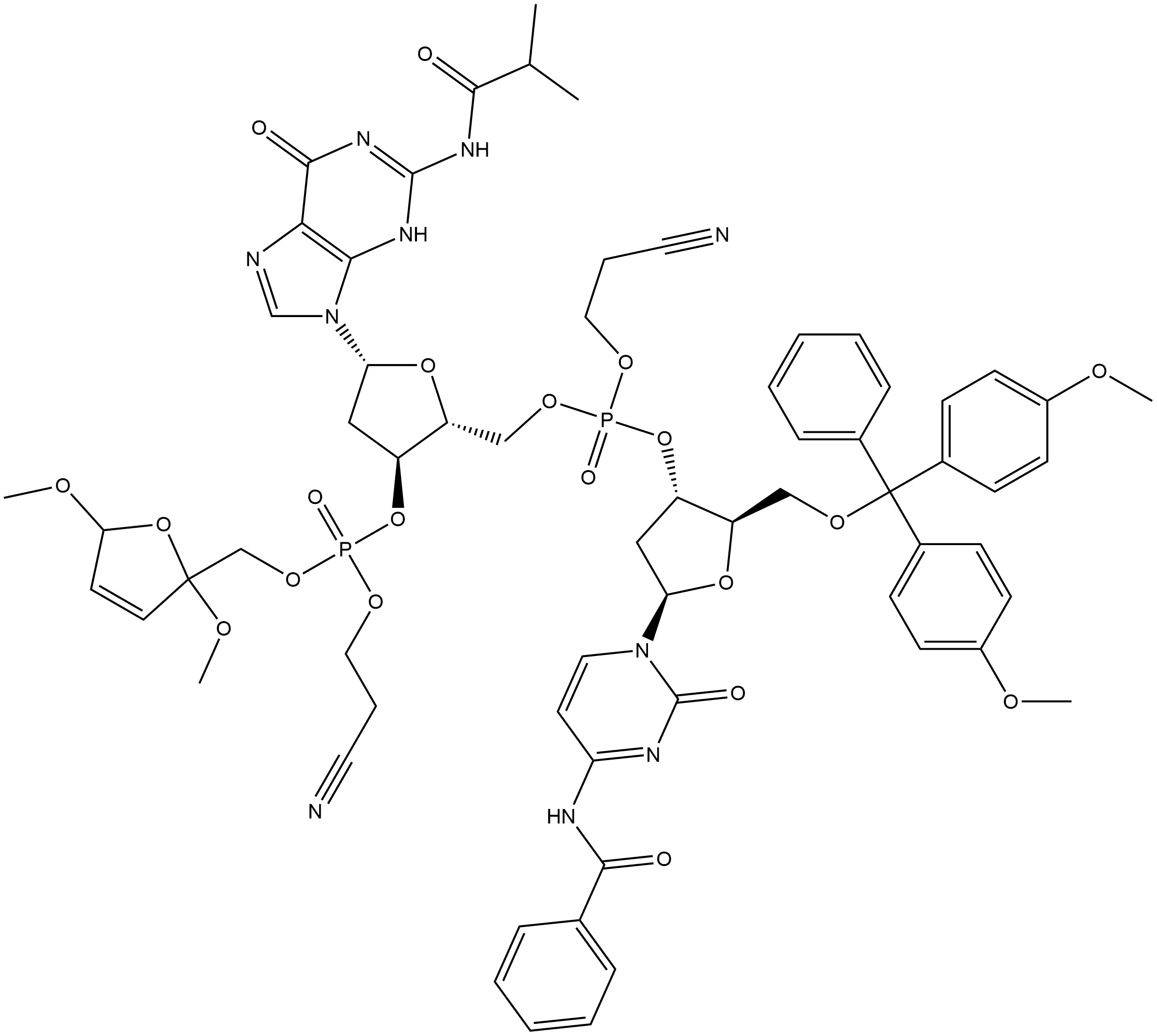 3'-Guanylic acid, N-benzoyl-5'-O-[bis(4-methoxyphenyl)phenylmethyl]-P-(2-cyanoethyl)-2'-deoxycytidylyl-(3'→5')-2'-deoxy-N-(2-methyl-1-oxopropyl)-, 2-cyanoethyl (2,5-dihydro-2,5-dimethoxy-2-furanyl)methyl ester (9CI) 结构式