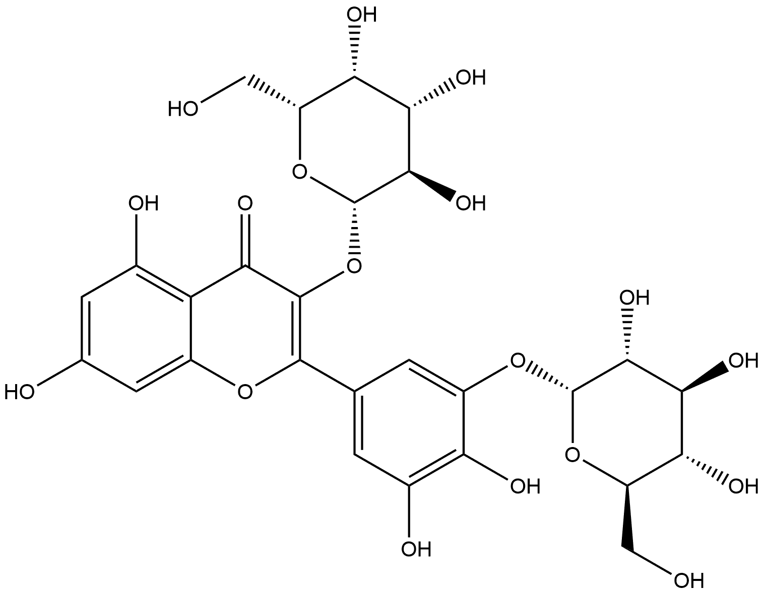 3-(β-D-吡喃半乳糖氧基)-2-[3-(α-D-吡喃葡萄糖氧基)-4,5-二羟基苯基]-5,7-二羟基-4H-1-苯并吡喃-4-酮 结构式