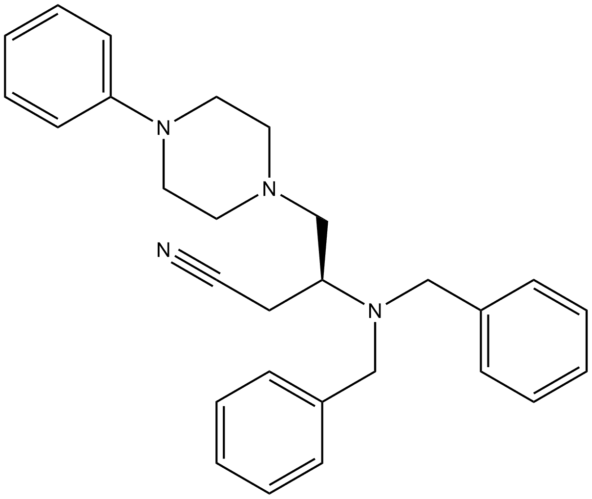 (βS)-β-[双(苯甲基)氨基]-4-苯基-1-哌嗪丁腈 结构式