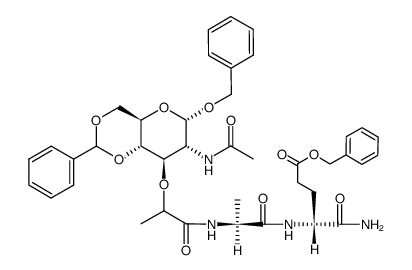 D-α-谷氨酰胺,N2-[N-[N-乙酰基-1-O-(苯基甲基)-4,6-O-(苯亚甲基)胞壁酰]-L-丙氨酰]-,苯基甲基酯 结构式