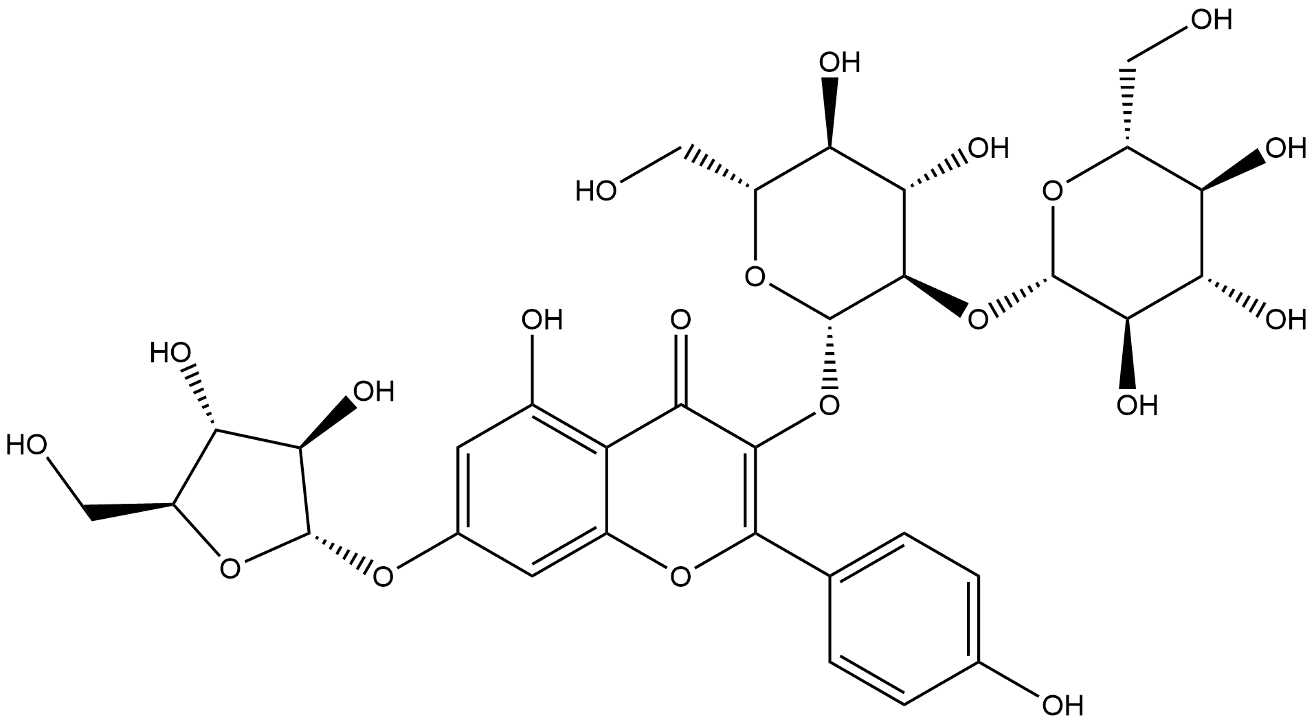 7-(α-L-阿拉伯呋喃糖氧基)-3-[(2-O-β-D-吡喃葡萄糖基-β-D-吡喃葡萄糖基)氧基]-5-羟基-2-(4-羟基苯基)-4H-1-苯并吡喃-4-酮 结构式