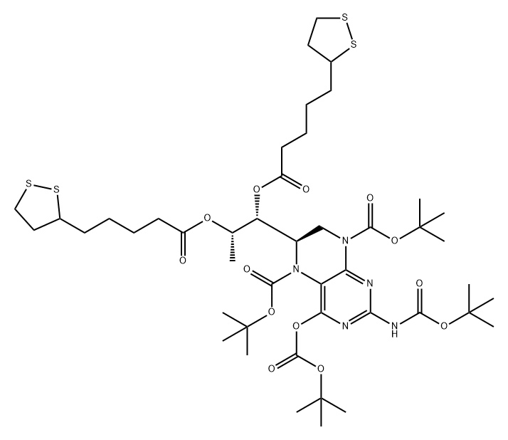 5,8-Pteridinedicarboxylic acid, 6-[(1R,2S)-1,2-bis[[5-(1,2-dithiolan-3-yl)-1-oxopentyl]oxy]propyl]-2-[[(1,1-dimethylethoxy)carbonyl]amino]-4-[[(1,1-dimethylethoxy)carbonyl]oxy]-6,7-dihydro-, 5,8-bis(1,1-dimethylethyl) ester, (6R)- 结构式