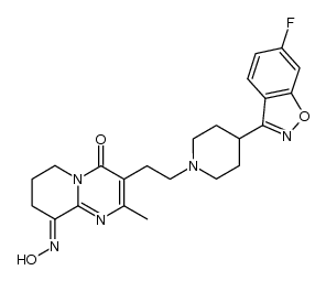 4H-Pyrido[1,2-a]pyrimidine-4,9(6H)-dione, 3-[2-[4-(6-fluoro-1,2-benzisoxazol-3-yl)-1-piperidinyl]ethyl]-7,8-dihydro-2-methyl-, 9-oxime 结构式