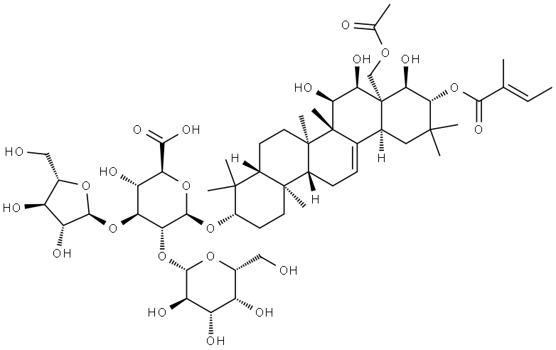 β-D-吡喃葡萄糖醛酸, (3β,15α,16α,21β,22α)-28-(乙酰氧基)-15,16,22-三羟基-21-[[(2E)-2-甲基-1-氧代-2-丁烯-1-基]氧基]齐墩果-12-烯-3-基 O-α-L-阿拉伯呋喃糖基-(1→3)-O-[β-D-吡喃半乳糖基-(1→2)]- 结构式