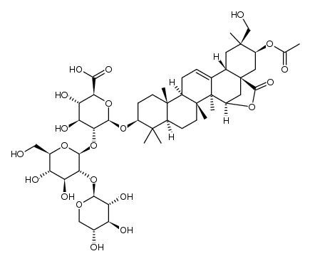 (3β,15β,20β,21β)-21-(乙酰氧基)-15,28-环氧-29-羟基-28-氧代齐墩果-12-烯-3基 O-β-D-吡喃木糖基-(1→2)-O-β-D-吡喃葡萄糖基-(1→2)-β-D-吡喃葡萄糖醛酸 结构式