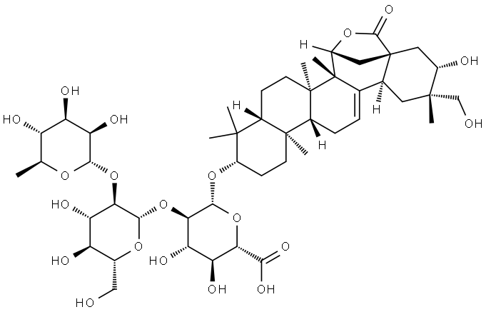 β-D-吡喃葡萄糖醛酸, (3β,15β,20β,21β)-15,28-环氧-21,29-二羟基-28-氧代齐墩果-12-烯-3-基 O-6-脱氧-α-L-吡喃甘露糖基-(1→2)-O-β-D-吡喃葡萄糖基-(1→2)- 结构式