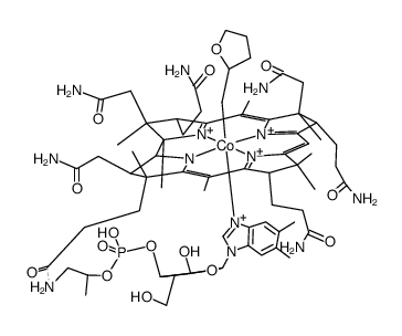 Cobinamide, Co-[(tetrahydro-2-furanyl)methyl]-, dihydrogen phosphate (ester), inner salt, 3′-ester with (5,6-dimethyl-1-α-D-ribofuranosyl-1H-benzimidazole-κN3) 结构式