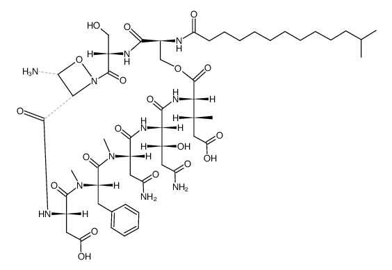 L-Glutamic acid, N-(12-methyl-1-oxotridecyl)-L-seryl-L-seryl-4-amino-1,2-oxazetidine-3-carbonyl-L-α-aspartyl-N-methyl-L-phenylalanyl-N2-methyl-L-asparaginyl-(3R)-3-hydroxy-L-glutaminyl-3-methyl-, (8→1)-lactone, (3R)- 结构式
