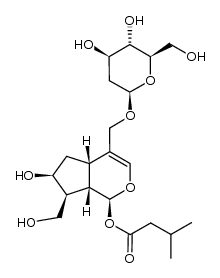 2-脱氧-[(1S,4aS,6S,7S,7aS)-1,4a,5,6,7,7a-六氢-6-羟基-7-(羟甲基)-1-(3-甲基-1-氧代丁氧基)环戊并[c]吡喃-4-基]甲基 β-D-阿拉伯己吡喃糖苷 结构式