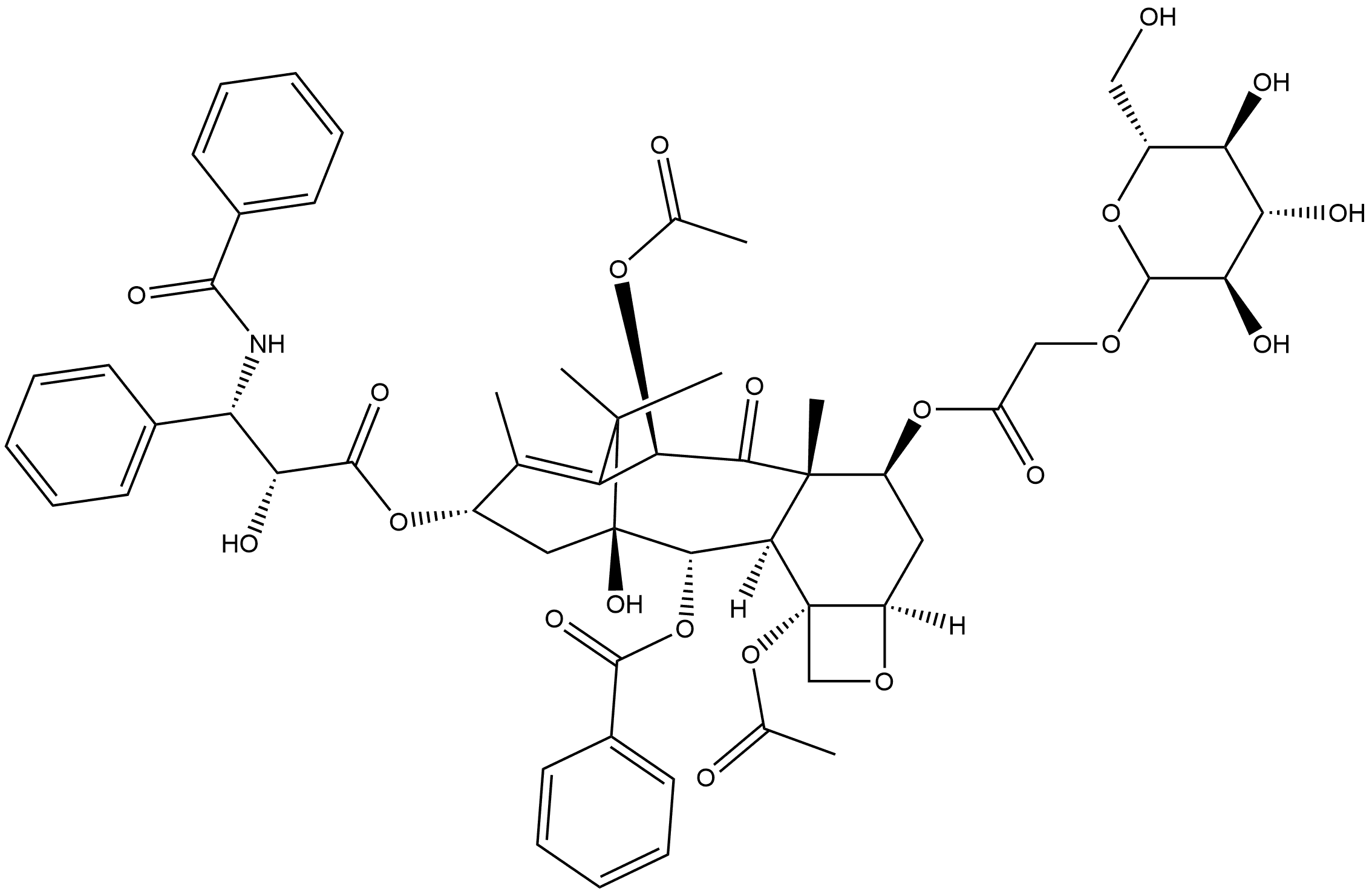 Benzenepropanoic acid, β-(benzoylamino)-α-hydroxy-, (2aR,4S,4aS,6R,9S,11S,12S,12aR,12bS)-6,12b-bis(acetyloxy)-12-(benzoyloxy)-4-[[2-(D-glucopyranosyloxy)acetyl]oxy]-2a,3,4,4a,5,6,9,10,11,12,12a,12b-dodecahydro-11-hydroxy-4a,8,13,13-tetramethyl-5-oxo-7,11-methano-1H-cyclodeca[3,4]benz[1,2-b]oxet-9-yl ester, (αR,βS)- 结构式
