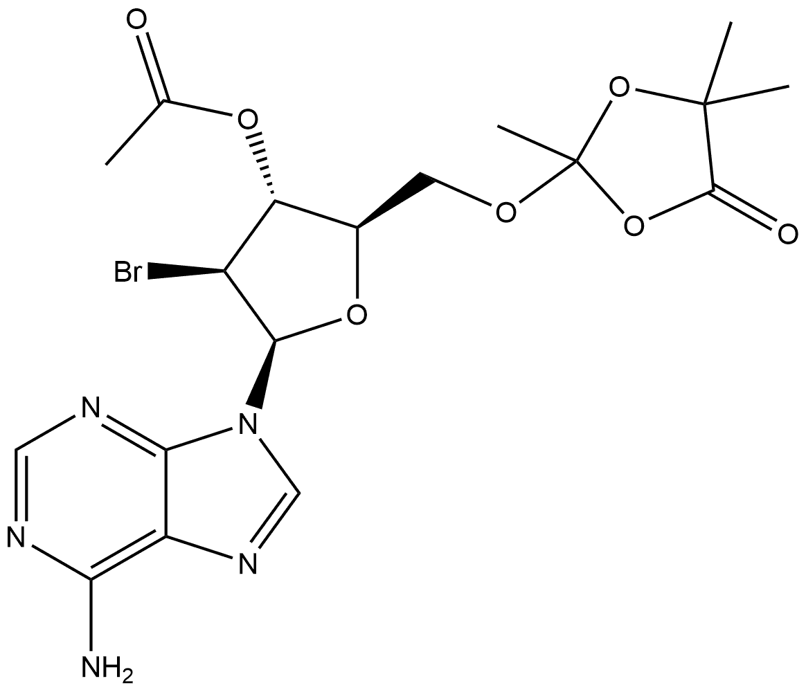 9H-嘌呤-6-胺,9-[3-O-乙酰基-2-溴-2-脱氧-5-O-(2,4,4-三甲基-5-氧代-1,3-二氧戊环-2-基)-β-D-阿拉伯呋喃糖基]- 结构式