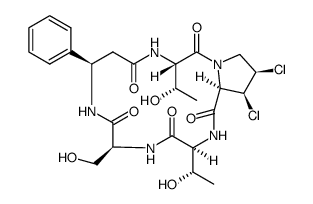 Cyclo[(3R)-3-phenyl-β-alanyl-L-allothreonyl-(3S,4R)-3,4-dichloro-L-prolyl-L-allothreonyl-L-seryl] 结构式