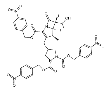 1,2-Pyrazolidinedicarboxylic acid, 4-[[6-(1-hydroxyethyl)-4-methyl-2-[[(4-nitrophenyl)methoxy]carbonyl]-7-oxo-1-azabicyclo[3.2.0]hept-2-en-3-yl]thio]-, bis[(4-nitrophenyl)methyl] ester, [4R-[4α,5β,6β(R*)]]- (9CI) 结构式