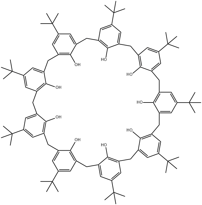 Decacyclo[49.3.1.13,7.19,13.115,19.121,25.127,31.133,37.139,43.145,49]trihexaconta-1(55),3,5,7(63),9,11,13(62),15,17,19(61),21,23,25(60),27,29,31(59),33,35,37(58),39,41,43(57),45,47,49(56),51,53-heptacosaene-55,56,57,58,59,60,61,62,63-nonol, 5,11,17,23,29,35,41,47,53-nonakis(1,1-dimethylethyl)- 结构式