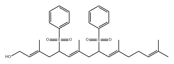 2,6,10,14-十六碳四烯-1-醇,3,7,11,15-四甲基-5,9-二(苯磺酰基)-,(2E,6E,10E)- 结构式
