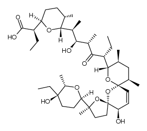 2H-Pyran-2-acetic acid, α-ethyl-6-[(1S,2S,3S,5R)-5-[(2S,5S,7S,9S,10S,12R,15R)-2-[(2R,5R,6S)-5-ethyltetrahydro-5-hydroxy-6-methyl-2H-pyran-2-yl]-15-hydroxy-2,10,12-trimethyl-1,6,8-trioxadispiro[4.1.5.3]pentadec-13-en-9-yl]-2-hydroxy-1,3-dimethyl-4-oxoheptyl]tetrahydro-5-methyl-, (αR,2R,5S,6R)- 结构式